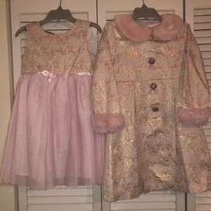 Pink and rose gold dress and light weight jacket.